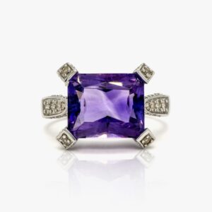 14KT White Gold 5.97CTW Emerald Cut Prong Set Natural Amethyst and Diamond Ring