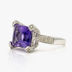 14KT White Gold 5.97CTW Emerald Cut Prong Set Natural Amethyst and Diamond Ring