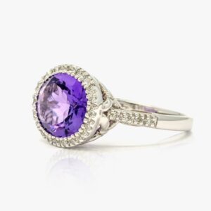 14KT White Gold 3.97CTW Oval Cut Bezel Set Natural Amethyst and Diamond Halo Ring