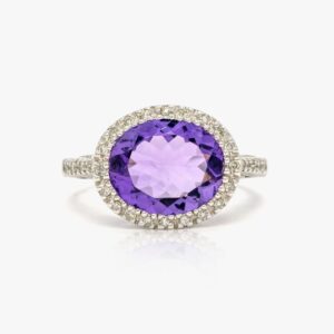 14KT White Gold 3.97CTW Oval Cut Bezel Set Natural Amethyst and Diamond Halo Ring
