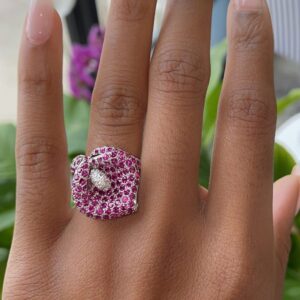 White Gold Ruby Diamond Flower Ring