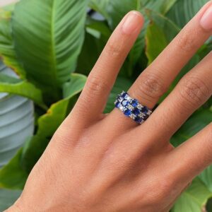 White Gold Triple Pave Diamond and Sapphire Ring