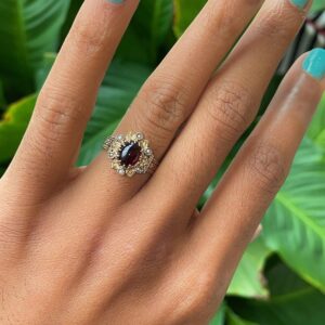 Yellow Gold Victorian Cabochon Garnet and Pearl Halo Ring