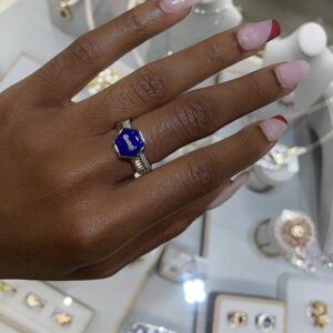 Mixed Metal Blue Lapis Lazuli and Diamond Bezel Ring