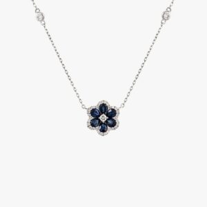 18KT White Gold 1.47CTW Sapphire and Diamond Bezel Strand Floral Pendant