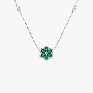 18KT White Gold .90CTW Emerald and Diamond Bezel Strand Floral Pendant