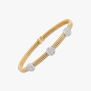 18K Yellow Gold Textured Flexible Pave Triple Round Diamond Bangle