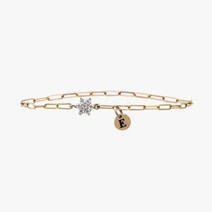 14k yellow gold “e” initial charm and diamond cluster paperclip bracelet