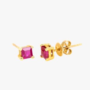 Yellow Gold .70ctw NATURAL Square / Princess Very Fine Ruby Stud Earrings