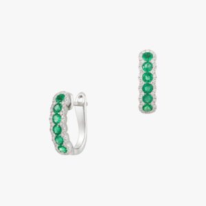 18K White Gold 0.95 ctw Round Emerald and Diamond Huggie Earrings