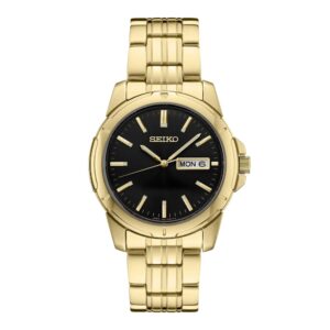seiko essentials 39.6mm black and gold quartz watch