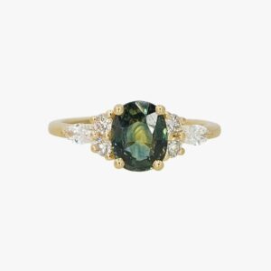 14KT Yellow Gold Earth Mined Diamond and Green Parti-Color Sapphire Engagement Ring