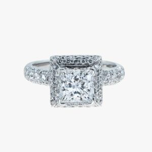 18KT White Gold 1.00CTW Earth Mined Princess Shaped Diamond Halo Engagement Ring