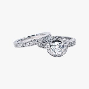 14KT White Gold .50CTW Miligrain Pave Set Round Shaped Halo Diamond wedding set