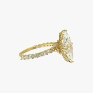 Yellow Gold Emerald Cut Diamond Ring with Marquise Center Diamond and Double Hidden Halo