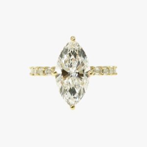 Yellow Gold Emerald Cut Diamond Ring with Marquise Center Diamond and Double Hidden Halo