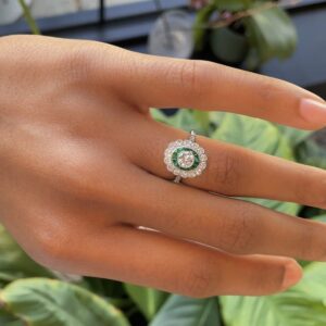 Platinum 1.73CTW Art Deco Bezel Set Halo Diamond and Emerald Ring