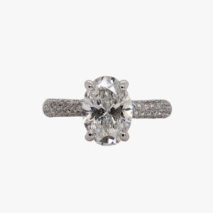14kt white gold earth mined micro pave solitaire with 2.53ct lab grown oval center diamond