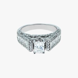 18KT White Gold 1.37CTW Earth Mined Princess and Round Diamond Channel Set Cathedral Engagement Ring Setting