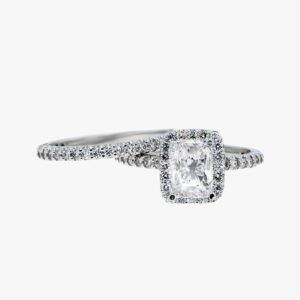 14kt white gold 1.06ctw earth mined radiant cut halo diamond wedding set mounting