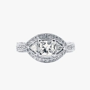 18KT White Gold .62CTW Earth Mined Vintage Trillion and Round Diamond Engagement Ring Setting
