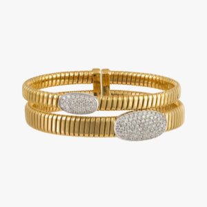 18K Yellow Gold Textured Flexible Pave Double Diamond Bangle