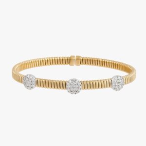 18K Yellow Gold Textured Flexible Pave Triple Round Diamond Bangle