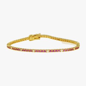 Yellow Gold 1.78ctw Pink Sapphire and Round Brilliant Cut Diamond Tennis Bracelet
