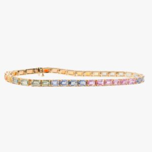 14KT Yellow Gold 14.00CTW Emerald Cut Rainbow Sapphire Tennis Bracelet
