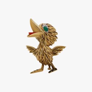 18K Yellow Gold Diamond and Cabochon Emerald Duck Pin Brooch