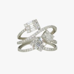 White Gold Diamond Baugette and Round Illlusion Statement Ring
