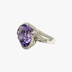 14KT White Gold 10.27CTW Faceted Top Oval Cut Channel Set Natural Amethyst and Diamond Ring