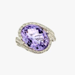 14KT White Gold 10.27CTW Faceted Top Oval Cut Channel Set Natural Amethyst and Diamond Ring