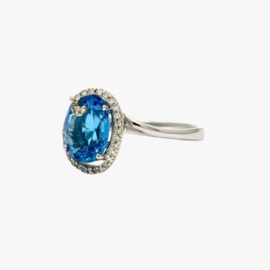 14KT White Gold 4.23CTW Faceted Top Oval Cut Natural Blue Topaz and Diamond Ring