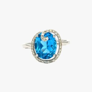 14KT White Gold 4.23CTW Faceted Top Oval Cut Natural Blue Topaz and Diamond Ring